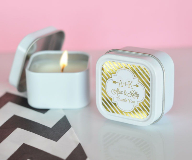 Personalized Metallic Foil Square Candle Tins - Wedding