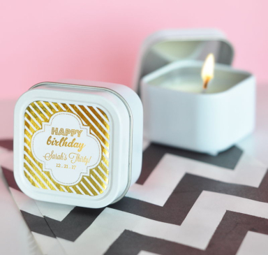 Personalized Metallic Foil Square Candle Tins - Birthday